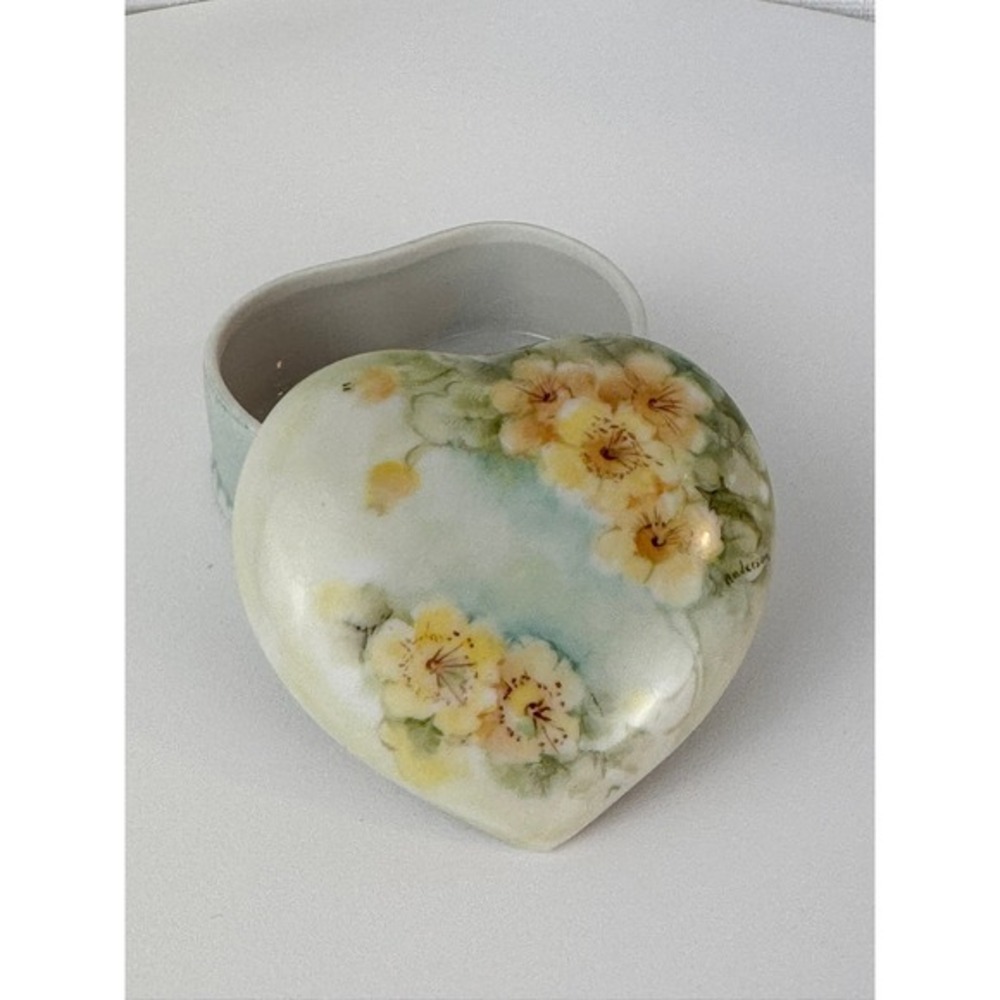 Vintage Hand Painted Porcelain Heart Trinket Box Floral Signed Anderson 3"